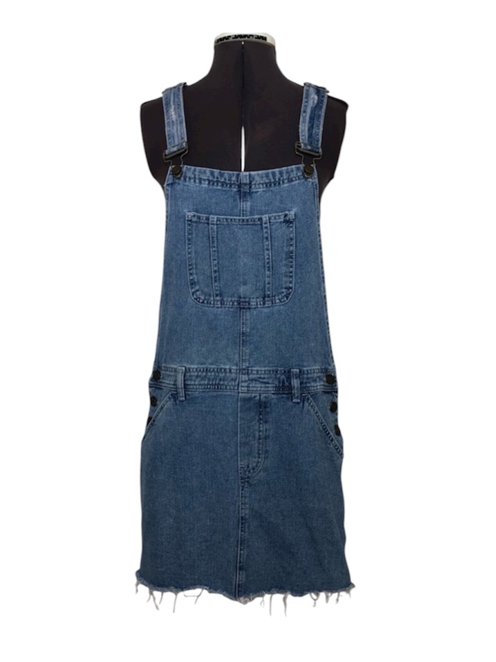 ASOS DESIGN Denim Midwash Blue‎ Distress Fry Hem Dungaree Dress UK8 USA 4